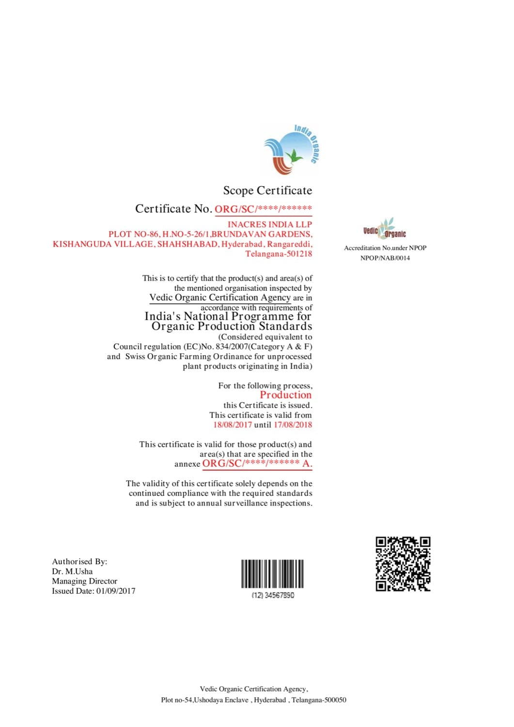 InAcres organic scope certificate 2017-18