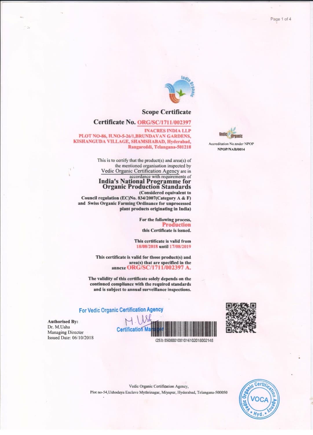 InAcres organic scope certificate 2018-19
