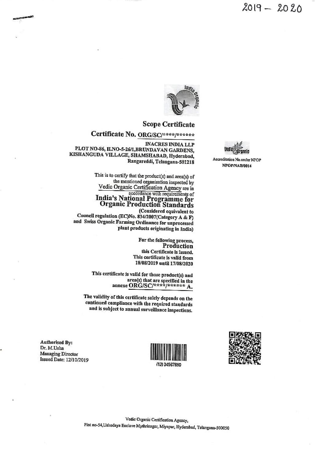 InAcres organic scope certificate 2019-20