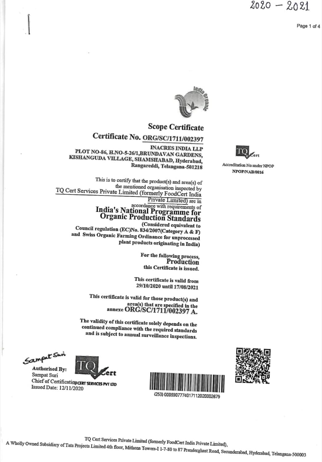 InAcres organic scope certificate 2020-21