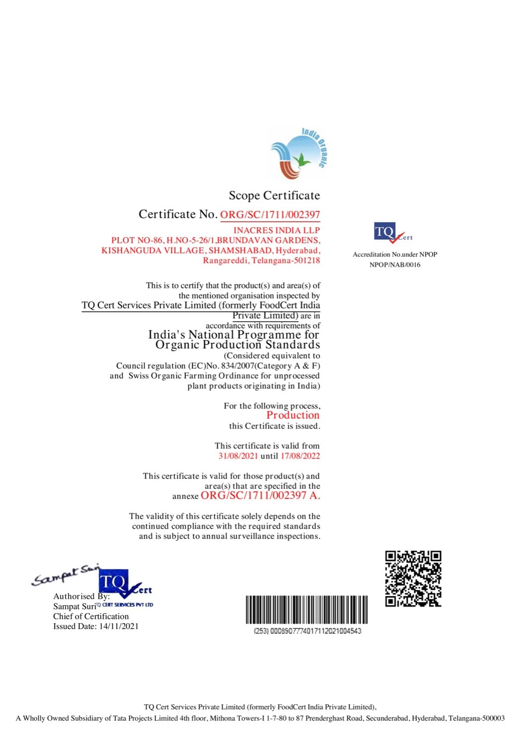 InAcres organic scope certificate 2021-22