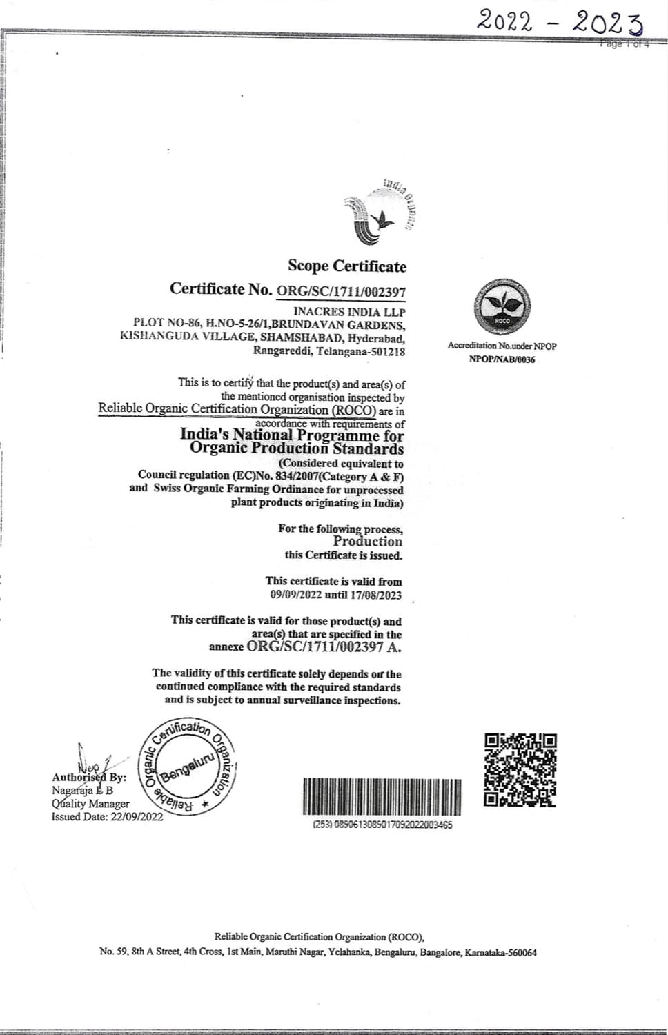 InAcres organic scope certificate 2022-23