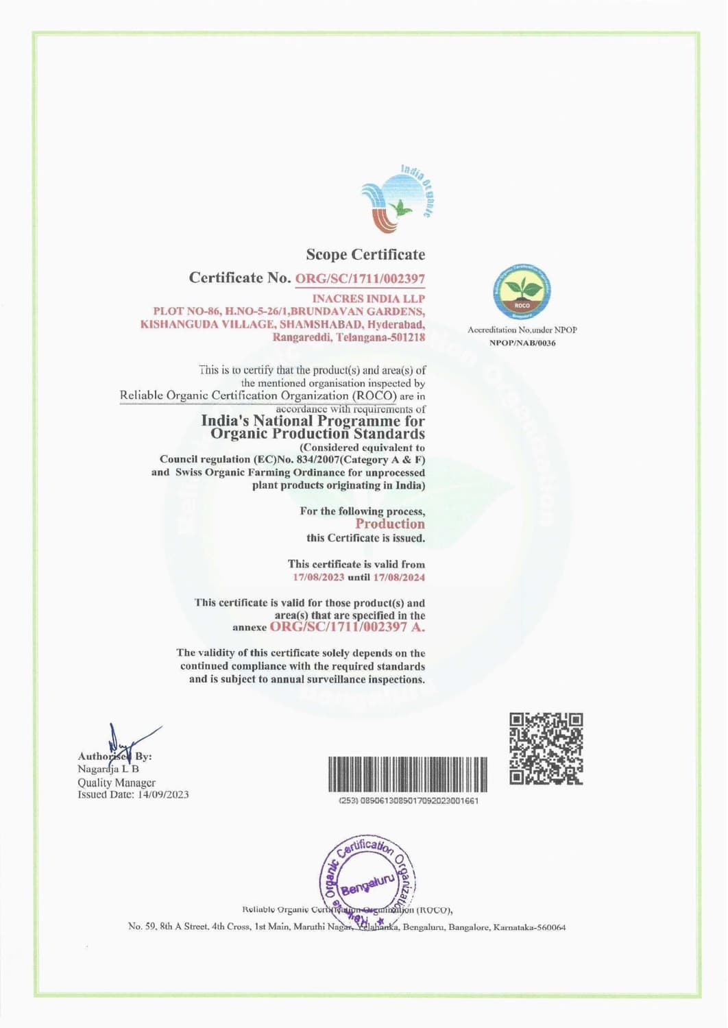 InAcres organic scope certificate 2023-24