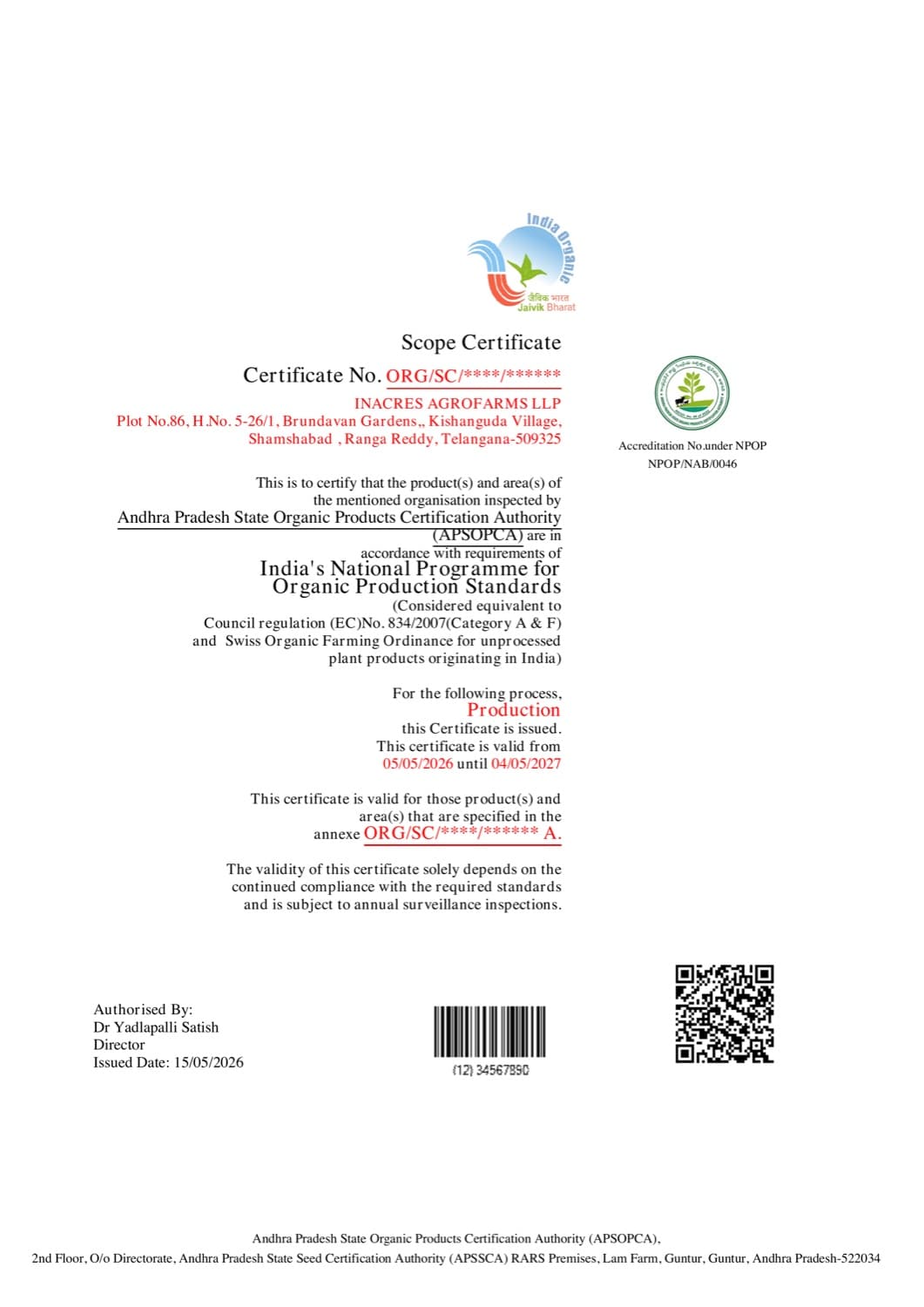 InAcres organic scope certificate 2026-27