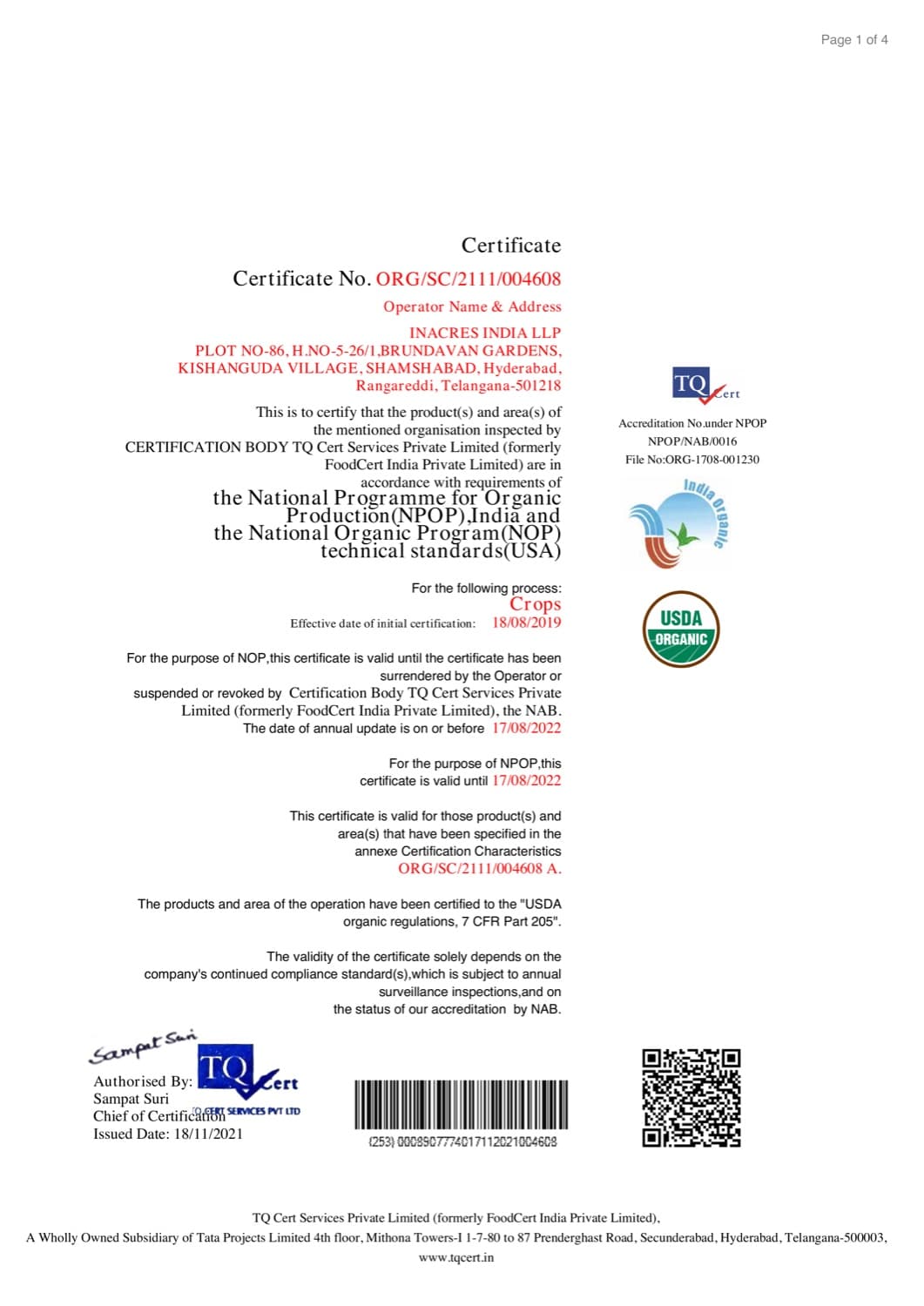 InAcres organic scope certificate USDA NOP 2021-22